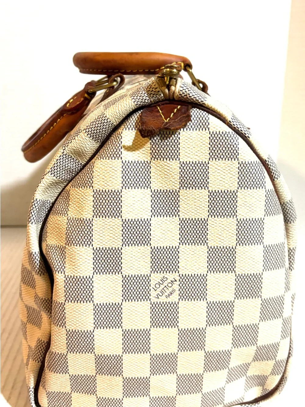 Louis Vuitton Damier Azur Canvas Speedy Bag - Cream & Brown Leather